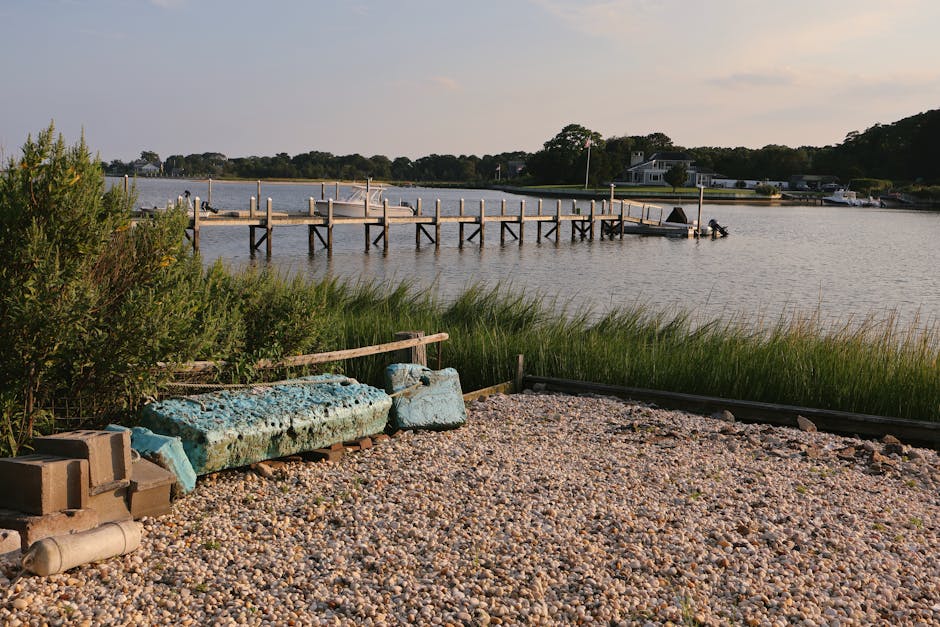 A tranquil lakeside garden scene during late afternoon, featuring a pebble and gravel shoreline in the foreground with a few weathered blue foam blocks and a wooden plank, possibly for garden or lands